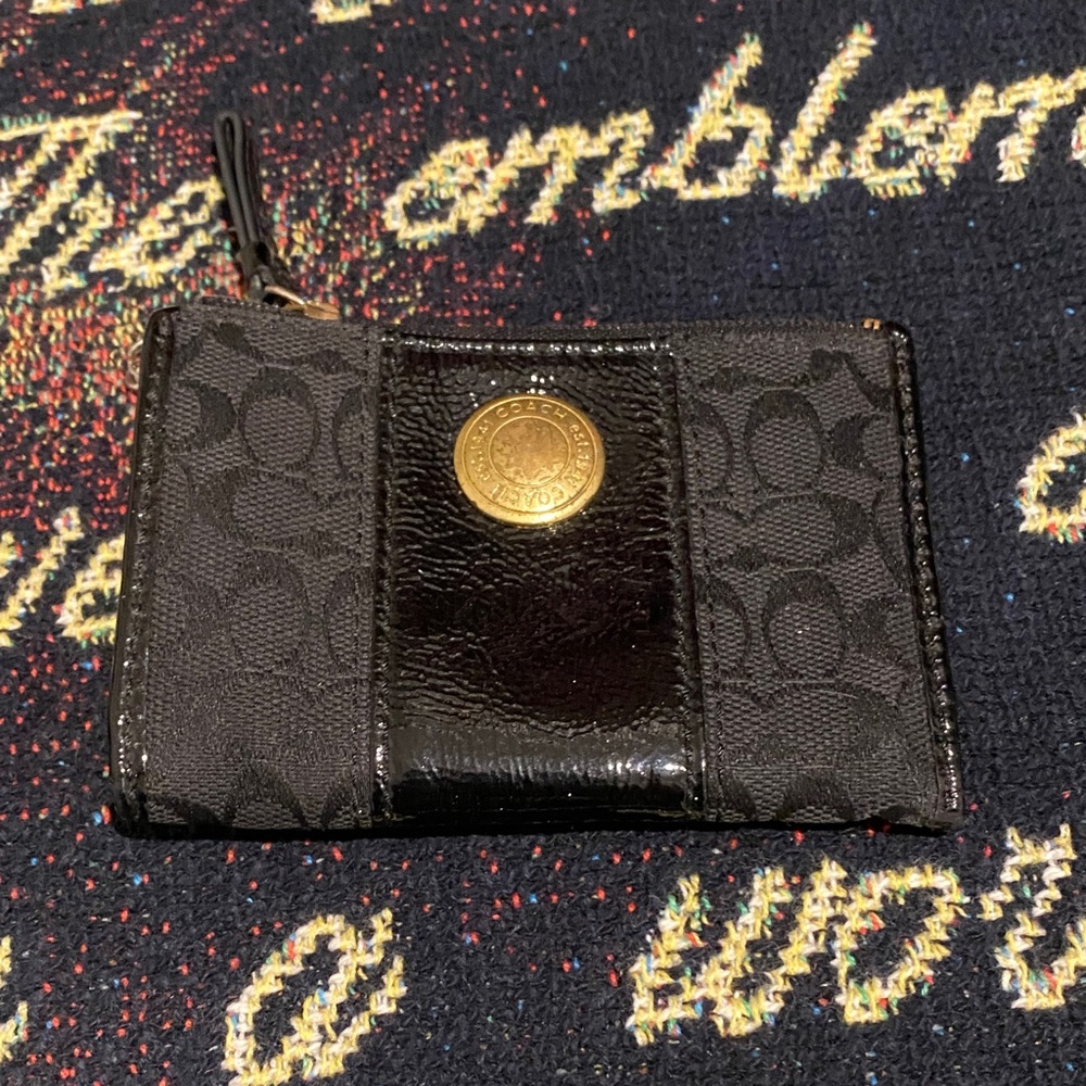 Coach Black Monogram Card Holder with Gold Emblem